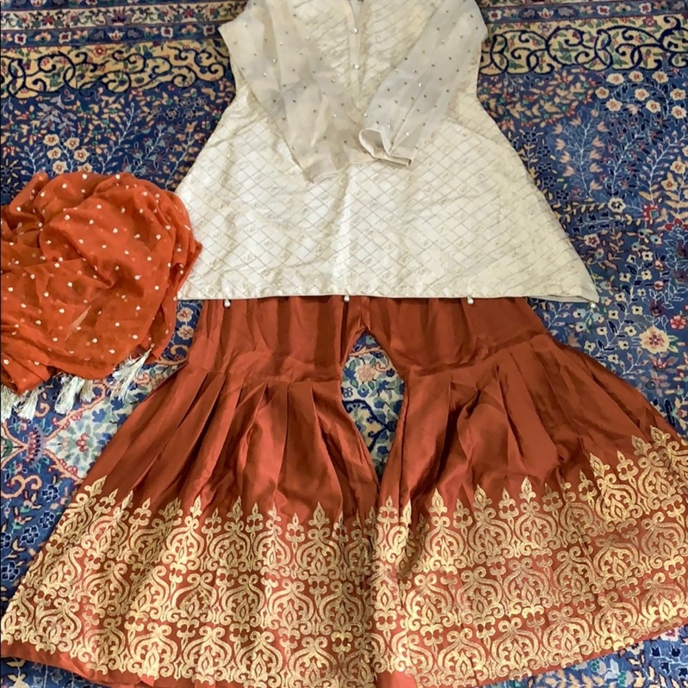 Creme and Rust Orange Gharara Suit
